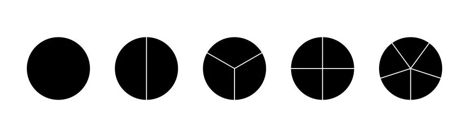 Circle division on 1, 2, 3, 4, 5 equal parts. Black wheel round divided diagrams Ilustración de archivo