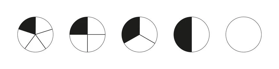 Circle division on from 1 to 5 equal parts. Round divided diagrams with from one Illustrazione stock