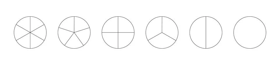 Circle division on from 1 to 6 equal parts. Round divided diagrams Ilustración de archivo