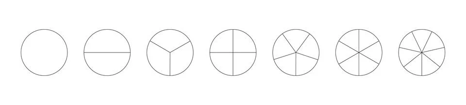 Circle division on from 1 to 7 equal parts. Round divided diagrams Stock Illustration
