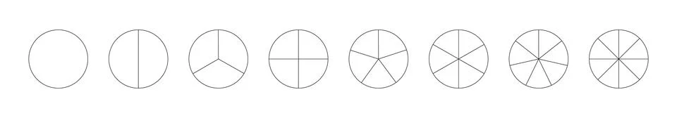 Circle division on from 1 to 8 equal parts. Round divided diagrams 库存插图