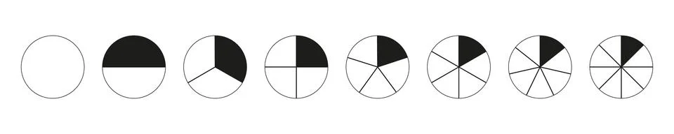 Circle division on from 1 to 8 equal parts. Pizza, pie charts. Round divided Stock-Illustration