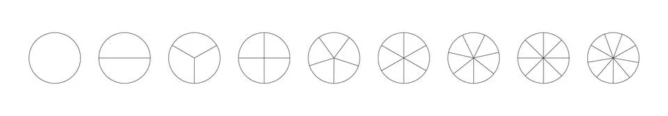 Circle division on from 1 to 9 equal parts. Round divided diagrams with from one Illustrazione stock