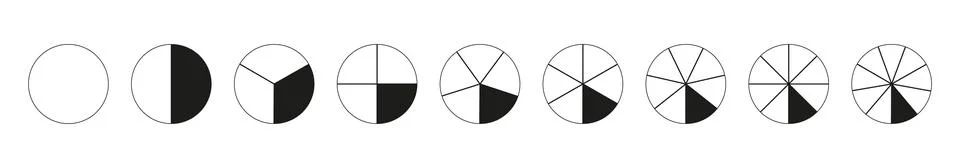 Circle division on from 1 to 9 equal parts. Round divided diagrams with from one Ilustración de archivo