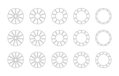 Circle division on 10, 11, 12 equal parts. Wheel round divided diagrams. Stock Illustration