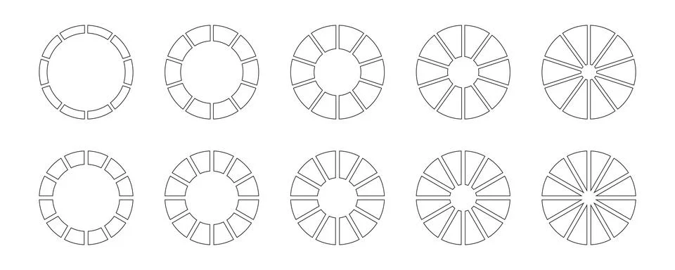 Circle division on 10, 12 equal parts. Wheel round divided diagrams Stockillustratie