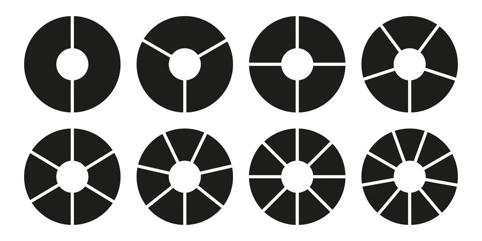 Circle division on 2, 3, 4, 5, 6, 7, 8, 9 equal parts. Infographic set. Illustrazione stock