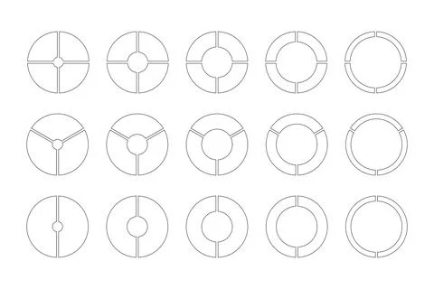 Circle division on 2, 3, 4 equal parts. Wheel round divided diagrams. Stock Illustration