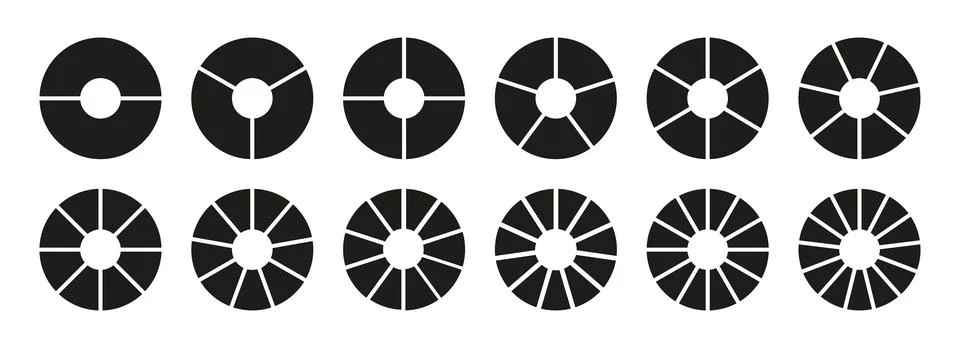 Circle division, 2, 3, 4, 5, 6, 7, 8, 9, 10, 11, 12, 13 equal parts. Stock Illustration