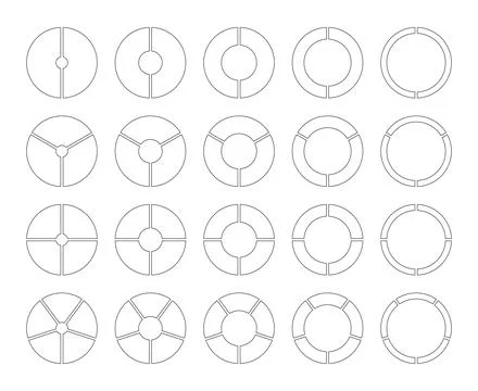 Circle division on 2, 3, 4, 5 equal parts. Wheel round divided black diagrams Illustrazione stock