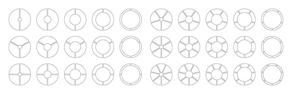 Circle division from 2 to 7 equal parts. Coaching blank. Diagrams with segments. 库存插图