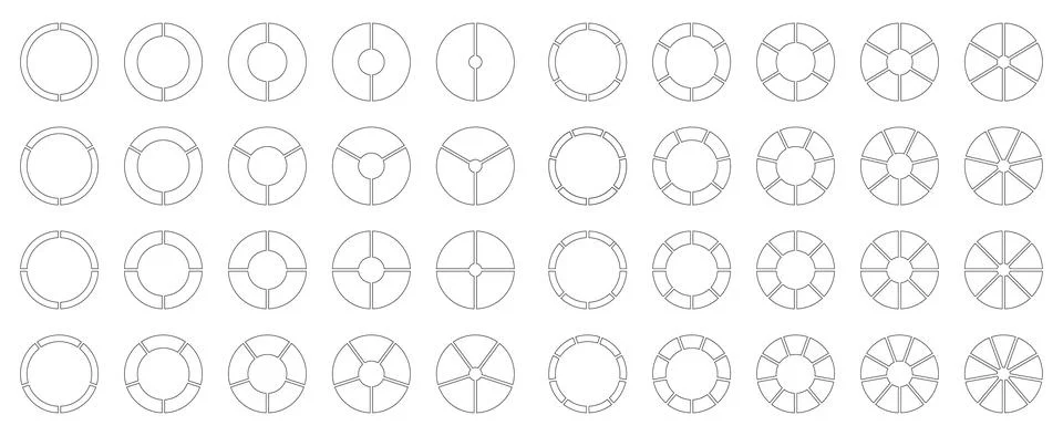 Circle division from 2 to 9 equal parts. Segmented diagrams. Coaching empty Illustrazione stock