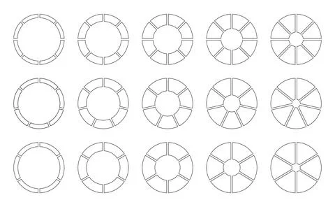 Circle division on 6, 7, 8 equal parts. Wheel round divided diagrams Stock Illustration