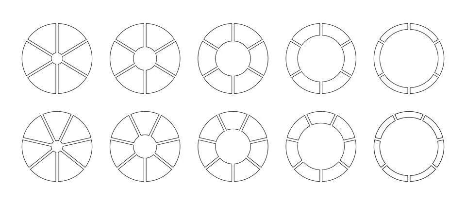 Circle division on 6, 7 equal parts. Wheel round divided diagrams Stock Illustration