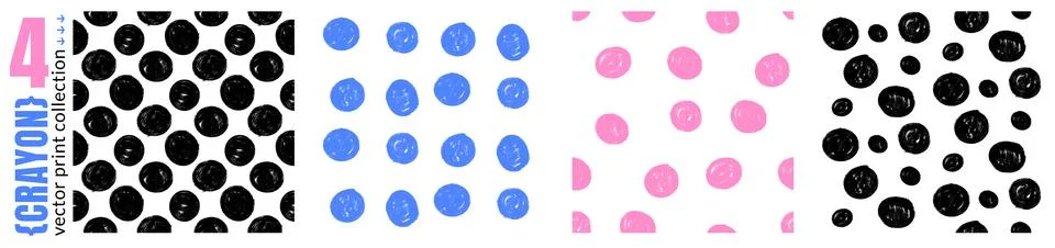 Circle dot set of seamless crayon pattern prints in black blue and pink. Grunge イラスト素材