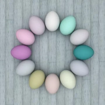 Circle of Easter Eggs over on a light wooden background. Copy space. 3D render Stock Illustration