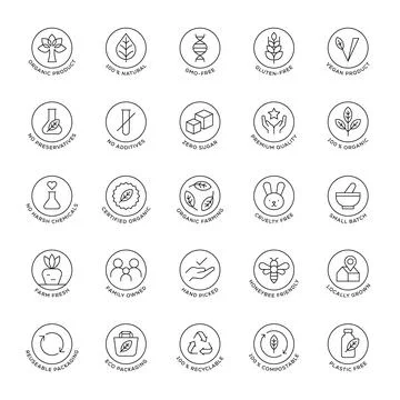 Circle Eco Certification Icons Set Organic Natural Vegan Sustainable Recycl.. Stock Illustration