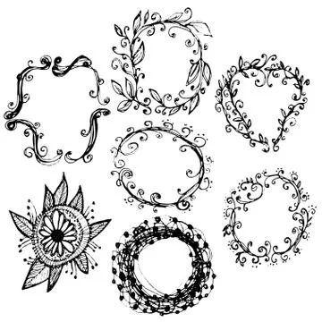 Circle floral borders. sketch frames, hand-drawn. Illustrazione stock