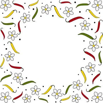 Circle Flyer frame of Scattered chili pepper pods, flowers and black peppercorns Stock Illustration