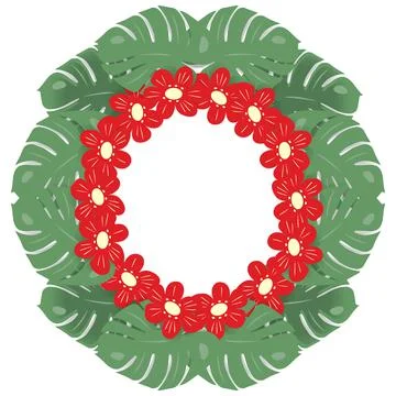 Circle frame with an abstract image of monstera leaves and flowers. Copyspace Stock Illustration