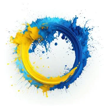 A circle frame with blue and yellow paint splashes on white background. Stock-Illustration