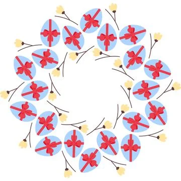 Circle Frame border of Easter Eggs with tied bow and sprigs Minimal Flat design Stock Illustration