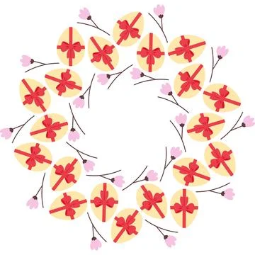 Circle Frame border with Easter Eggs ribbon bow and blossom twigs Minimalist Stock Illustration