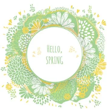 Circle frame on contrast background, made of doodle flowers. Stock Illustration
