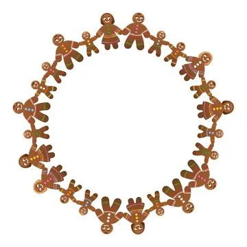 Circle frame with gingerbread figures holding hands Stock Illustration