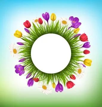 Circle frame with grass and flowers. Floral nature background Stock Illustration