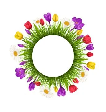 Circle frame with green grass and flowers isolated on white Stock Illustration