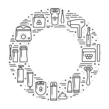 Circle frame with hair removal methods symbol in line style. Shaving sugaring Stock Illustration