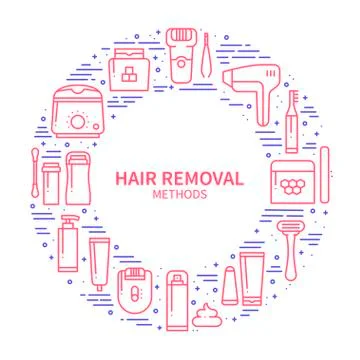 Circle frame with hair removal methods symbol in line style. Shaving sugaring Stock Illustration