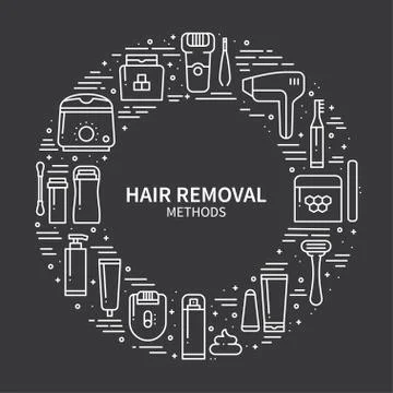 Circle frame with hair removal methods symbols in line style. Shaving sugarin Stock Illustration