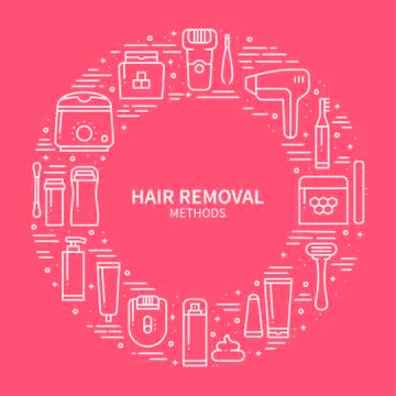 Circle frame with hair removal methods symbols in line style. Shaving sugarin Stock Illustration