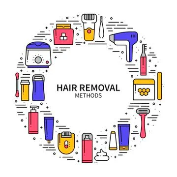 Circle frame with hair removal methods symbol in line style. Shaving sugaring Stock Illustration