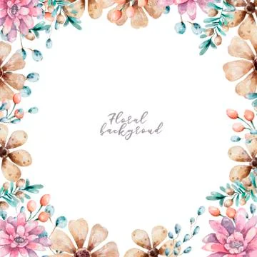 Circle frame. Hand painted plants, branches, leaves, succulents and flowers o Stock Illustration