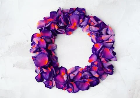 Circle frame lined with purple rose petals on a wooden background. Stock Photos