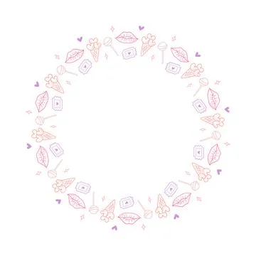 Circle Frame with Lollipop Ticket Lips Ice Cream and Heart Valentines Day Doodle Stock Illustration