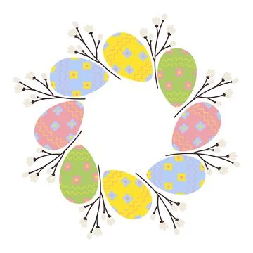 Circle frame of patterned Easter Eggs and blooming twigs. Copyspace. Easter Illustrazione stock