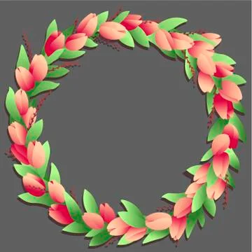 Circle frame with red tulips and branches Stock Illustration
