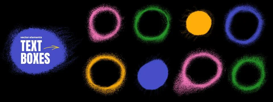 Circle frame set with rings and spots. Round outlines glow on black with aerosol Stock Illustration