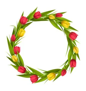 Circle frame with tulips red and yellow flowers isolated on white Stock Illustration