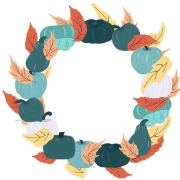 Circle frame with varities of blue squashes and autumn leaves Illustrazione stock