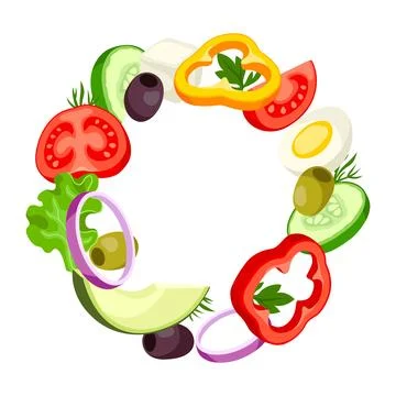 Circle frame with vegetables. Fresh products for Greek salad. Mediterranean.. Stock Illustration