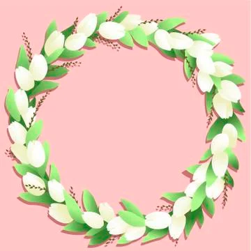 Circle frame with white tulips and springs on the pink background Stock-Illustration