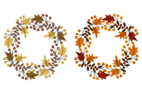 Circle frames of leaves and twigs in trendy autumn shades Set of 2 Copy space Stock Illustration