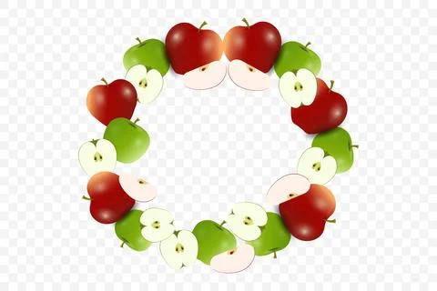 A circle of fresh red, green apples accompanied by group of apples slices r.. Stock Illustration