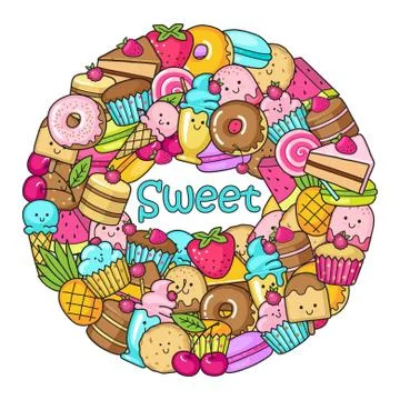 Circle from the funny sweets, fruit and ice cream. Donuts, cupcakes, cakes an Stock Illustration