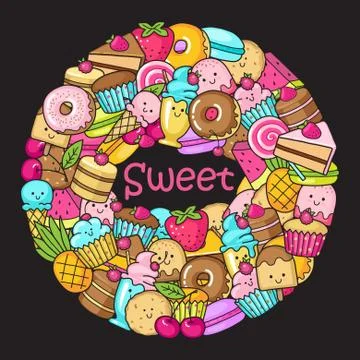 Circle from the funny sweets, fruit and ice cream. Donuts, cupcakes, cakes an Stock Illustration